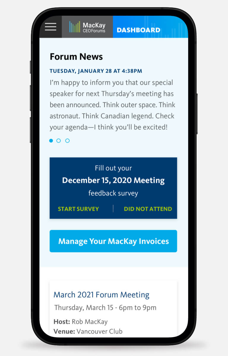 Screenshot of the redesigned MacKay CEO Forums homepage, featuring a user-friendly layout that highlights CEO networking events, coaching, and mentoring services for mobile